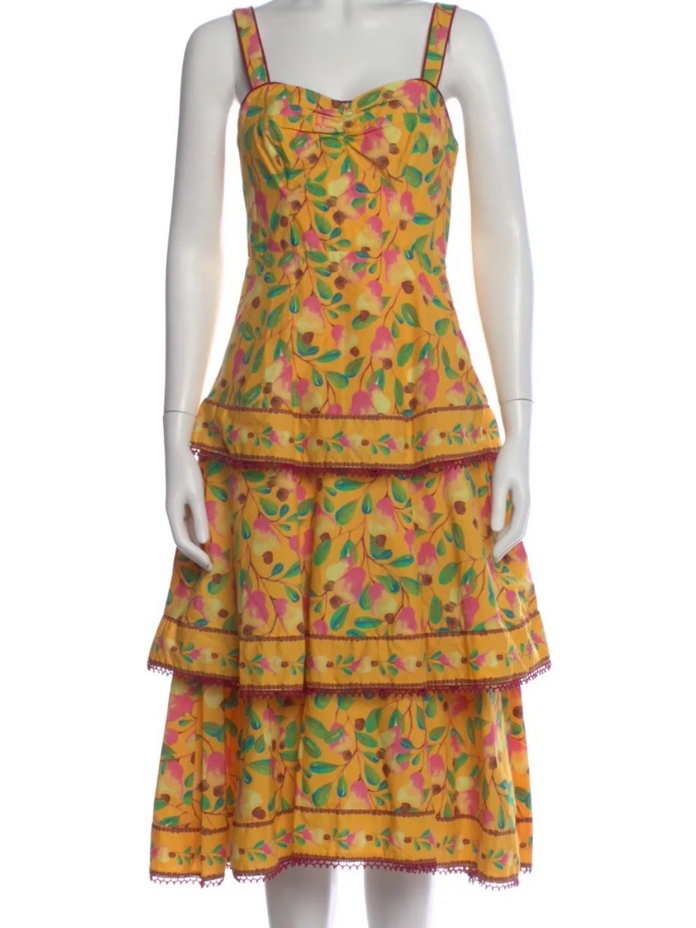 FARM Rio Yellow Tiered Floral Midi Dress with Pink & Green Leaves